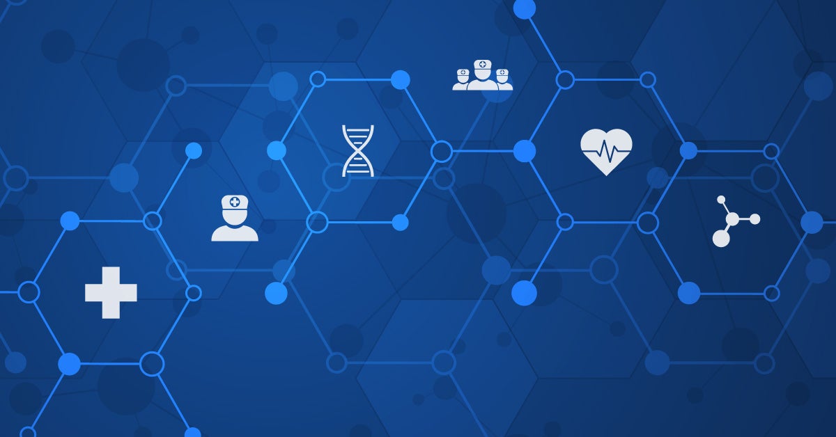 Illustration: Blue hexagons with filled and open circles in the corners float on a darker blue background. Within the hexagons are health and science icons: cross, doctor, DNA, heartbeat, molecules, and a healthcare team.