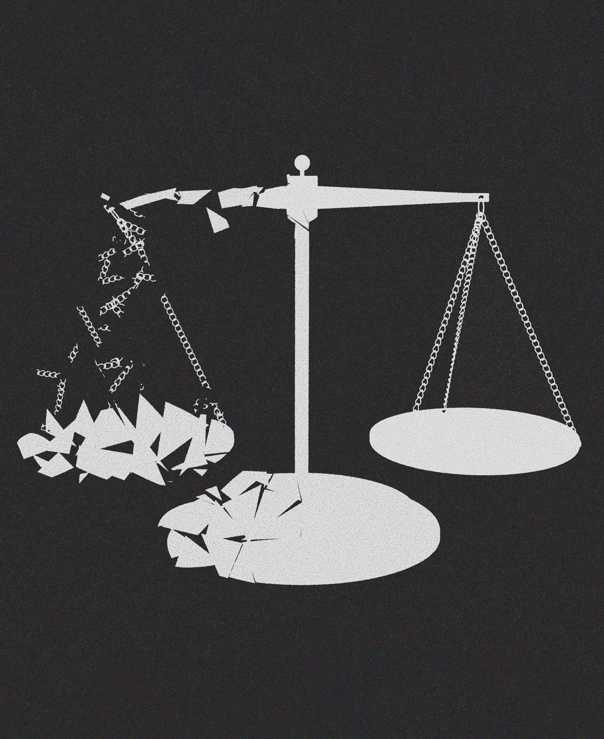 Illustration: Light gray scales of justice dissolve from left to right on a dark gray background.