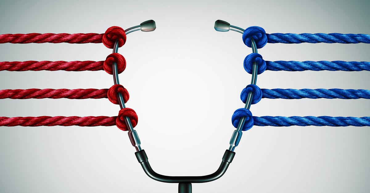 knots are tied on the other. The ropes extend off-image, “pulling” the stethoscope in opposite directions.