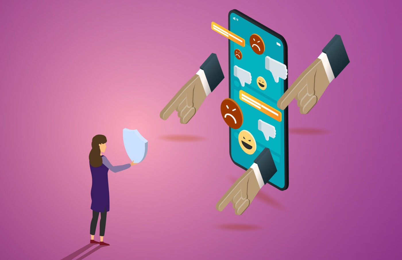 Illustration: A female figure holds a shield in front of her body, blocking an oversized phone with pointing fingers, dislike icons, menacing emojis and text messages. The composition is on a purple-pink background.