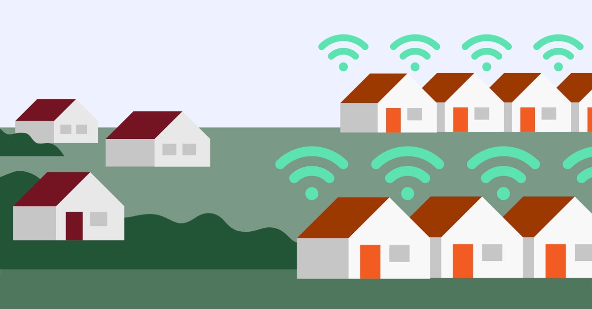 Illustration: Rows of grey and orange houses with green wifi-internet symbols on the right side juxtaposed with grey and solitary red houses with no internet on the left.
