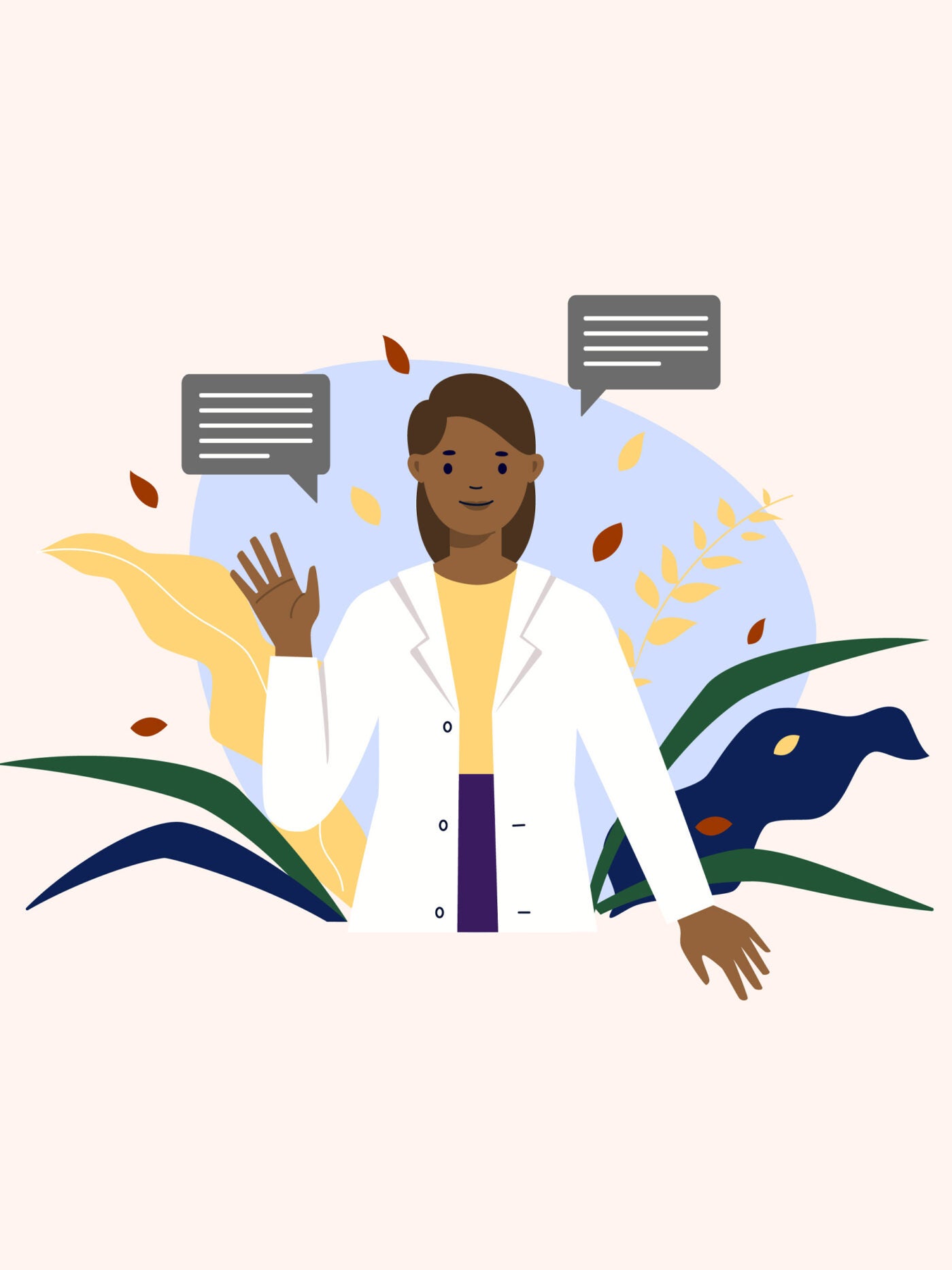 Illustration: A healthcare worker says hello in a welcoming gesture. Plants and other botanical shapes surround her.
