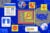 Vector illustration: A central figure in red, grey and yellow, representing artificial intelligence, shows a magnifying glass, circuit board lines, and code. From this figure, lines connect to data, social posts, articles, data, viruses, maps, and other elements. The background is a bright blue and has a square grid texture.
