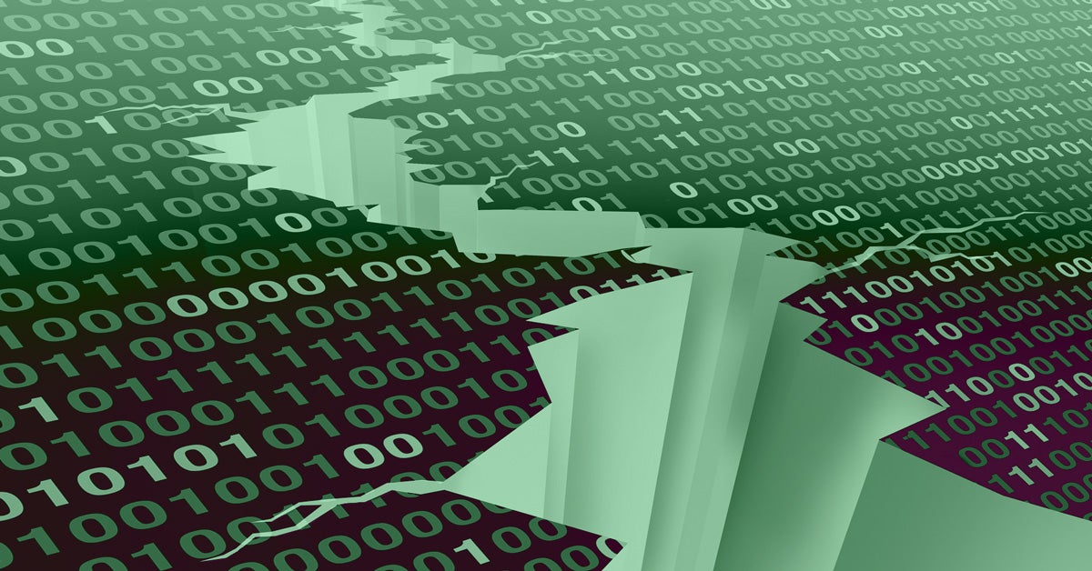 Illustration: Green binary code on a black surface with an earthquake-like crack through the center.