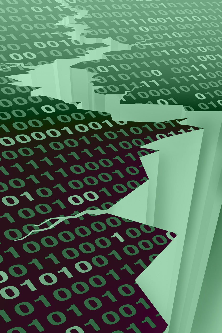 Illustration: Green binary code on a black surface with an earthquake-like crack through the center.
