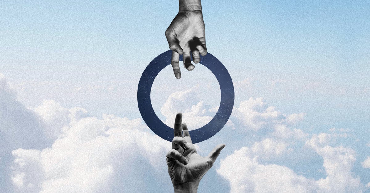 Digital illustration: Two hands reach across a blue and white-sky void, trying to touch. In the center is a hollowed circle with a night sky.