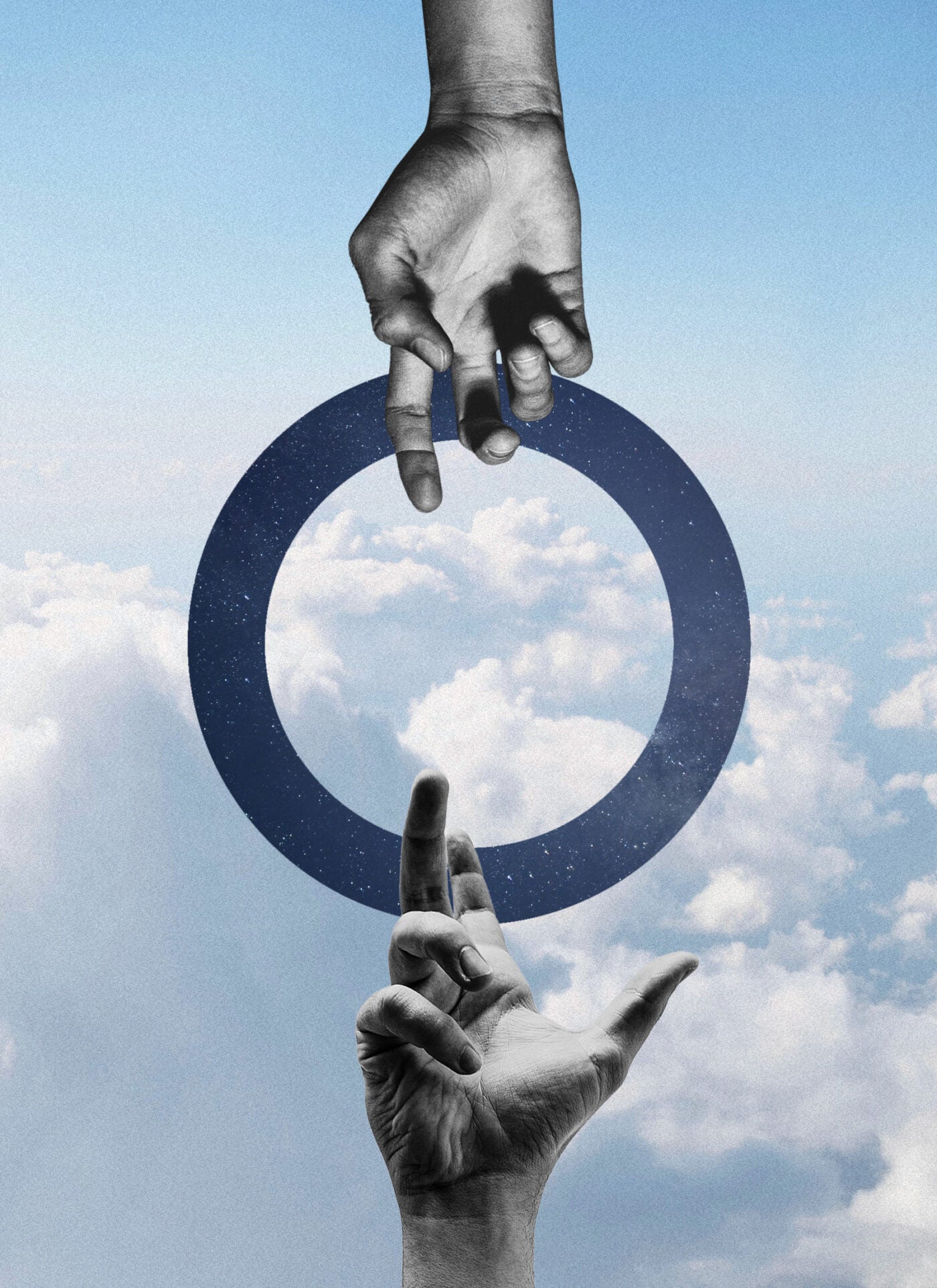 Digital illustration: Two hands reach across a blue and white-sky void, trying to touch. In the center is a hollowed circle with a night sky.