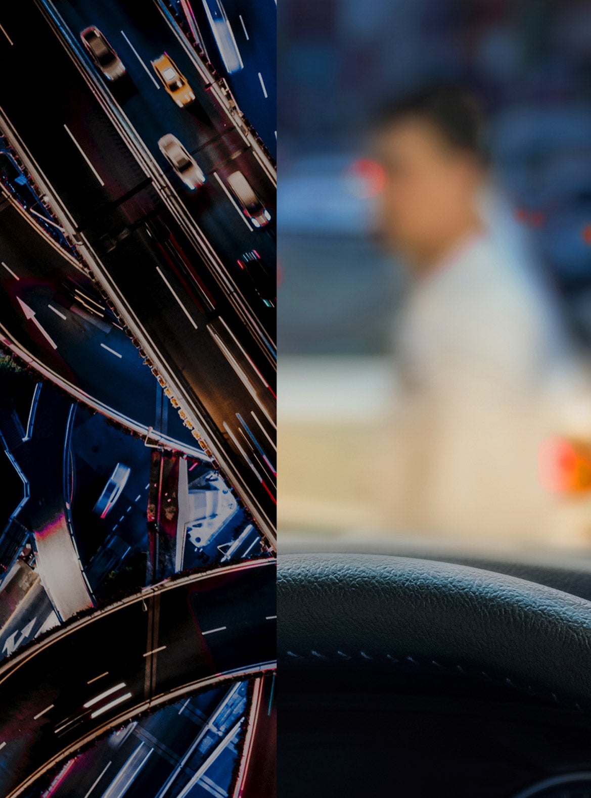 Photo illustration: Left: a busy highway is seen overhead at night. A curved on-ramp meets the curve of an image (right) of behind the wheel of a car with a pedestrian in front.