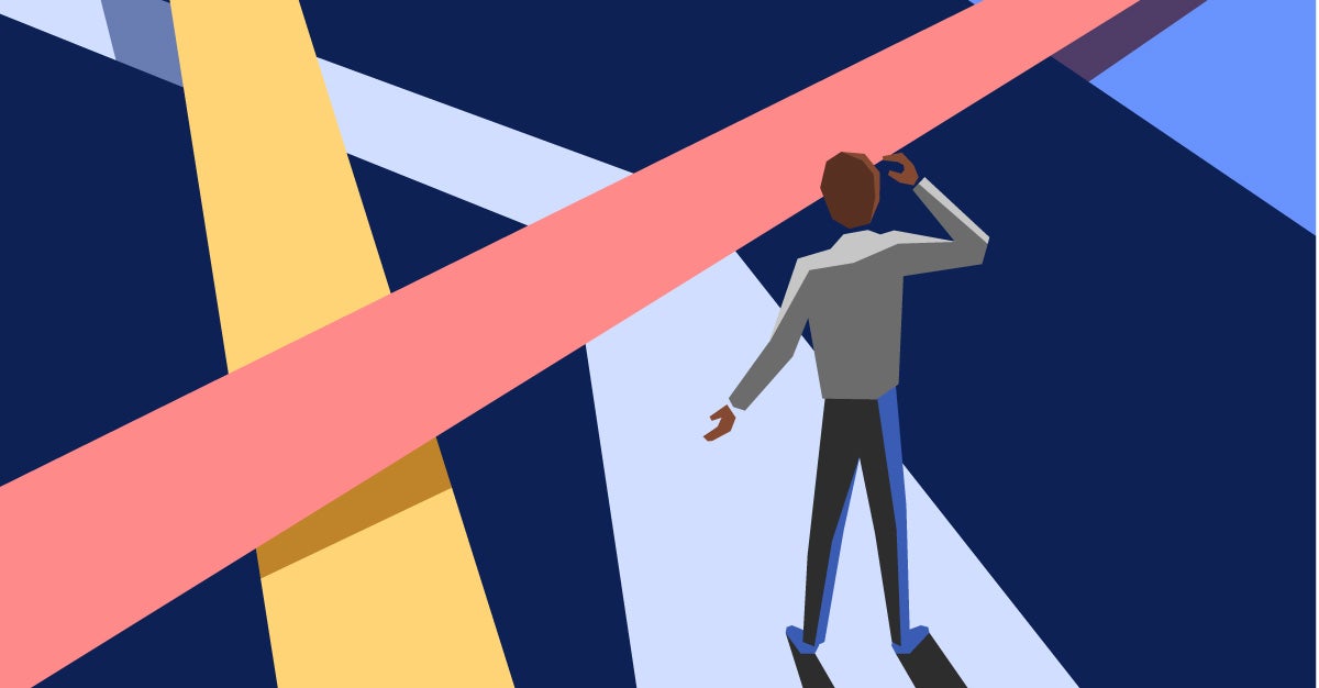 Illustration: A figure stands on one abstract, geometric path with three other paths crossing in different directions.