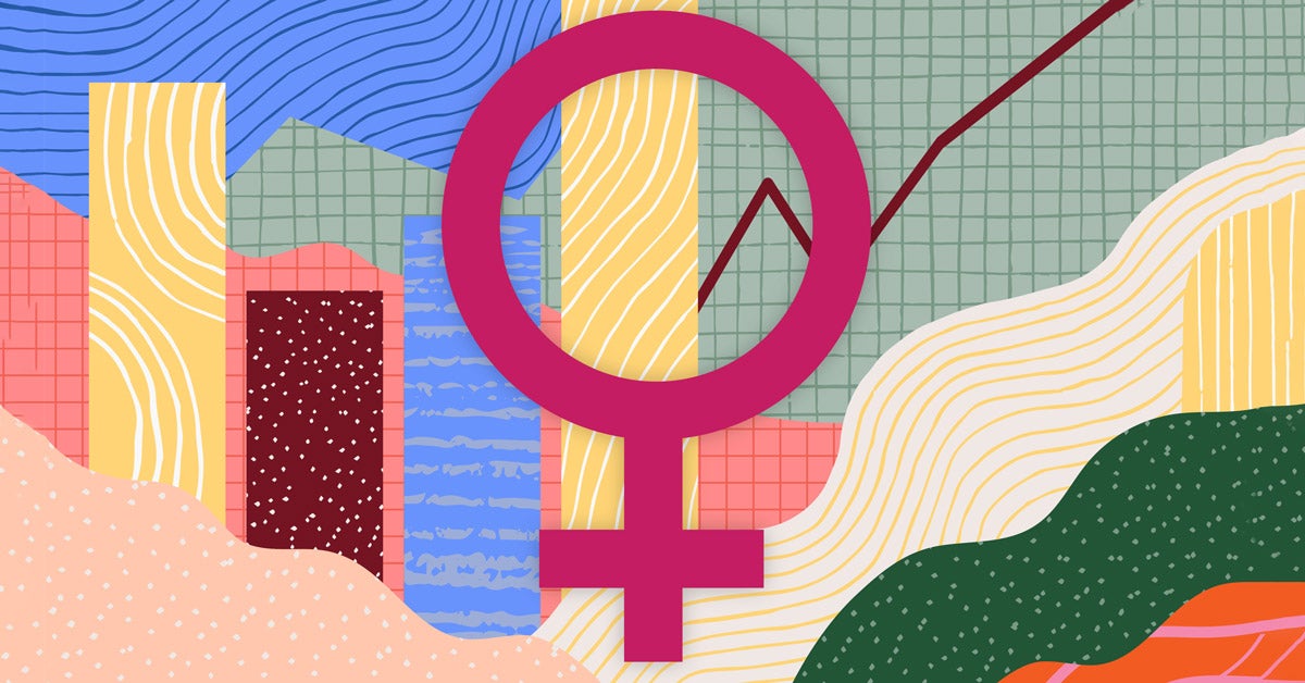 A rose colored female symbol rests on a patterned and textured background of charts, line graphs and waves of pinks, yellows, greens and blues