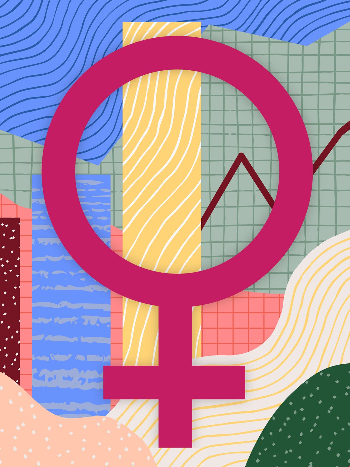 A rose colored female symbol rests on a patterned and textured background of charts, line graphs and waves of pinks, yellows, greens and blues