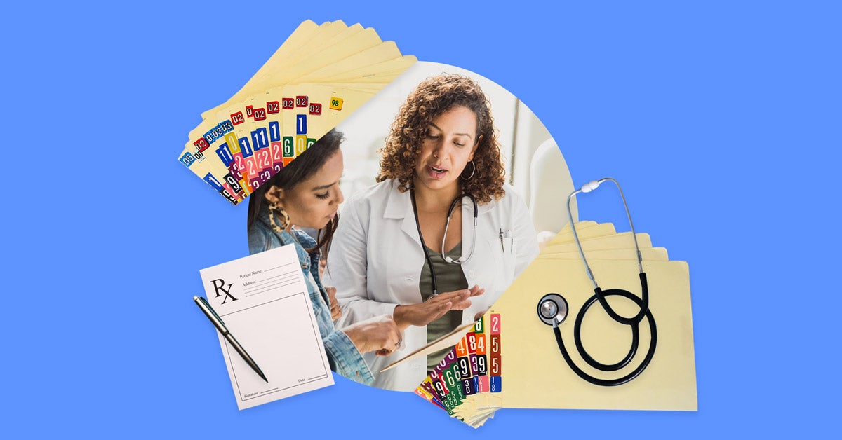 Medical file folders, a prescription pad and pen, and a stethoscope surround an image of a female nurse practitioner reviewing a chart with a female patient. Composition is on a blue-purple background