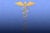 Vector illustration: A golden caduceus is wrapped with two gray snakes. The illustration is on a blue, speckled gradient background.