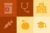 Orange and yellow grid of six medical and public health icons: pill bottle, stethoscope, apartment building, graduation cap, apple, syringe