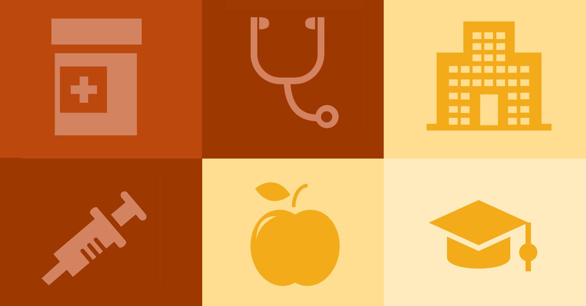 Orange and yellow grid of six medical and public health icons: pill bottle, stethoscope, apartment building, graduation cap, apple, syringe
