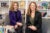 Kathryn Meyer and Christiana Mills sit in grey chairs surrounded by children's books in the Yale Child Student Center.
