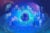 Illustration: An orb with shapes and symbols indicating artificial intelligence swirls with lines and information. Figures and families interact with screens of translated AI into words and data. The illustration is shades of blue, purples, and grey.