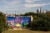 Mural entitled "Our Wayfinders." Painted on the side of a building in front of grass, a female face is transposed onto a sunrise or sunset. In the foreground are rocks, figures, text, a yellow orb, and flowers.