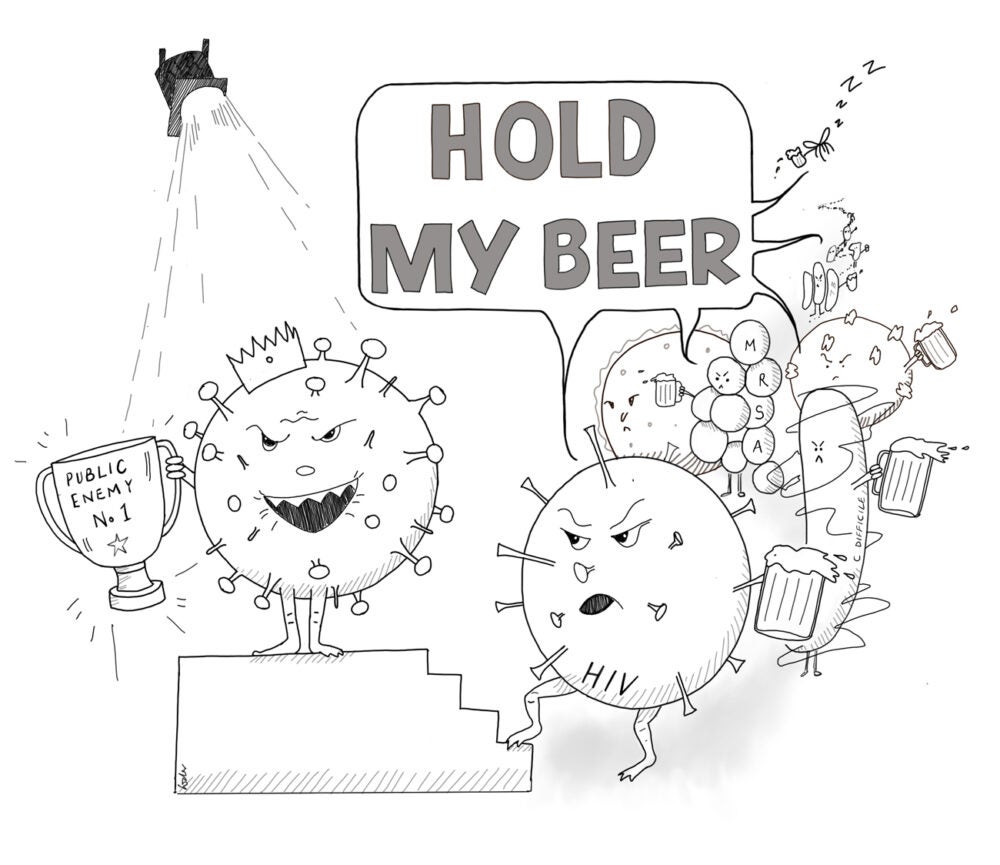 Cartoon: A black and white drawing of bacteria and virus cells with faces in line for a trophy. A COVID-19 cell stands on a podium under a spotlight while the other viruses shout "hold my beer"