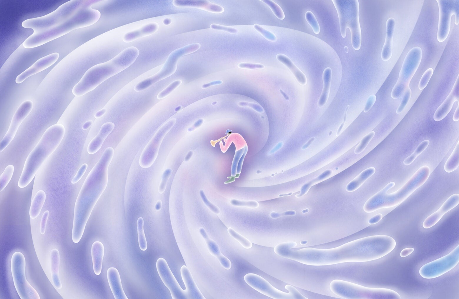 Illustration: A trumpet player in blue pants and a pink top plays in the center of a swirl of purple and blue shapes.