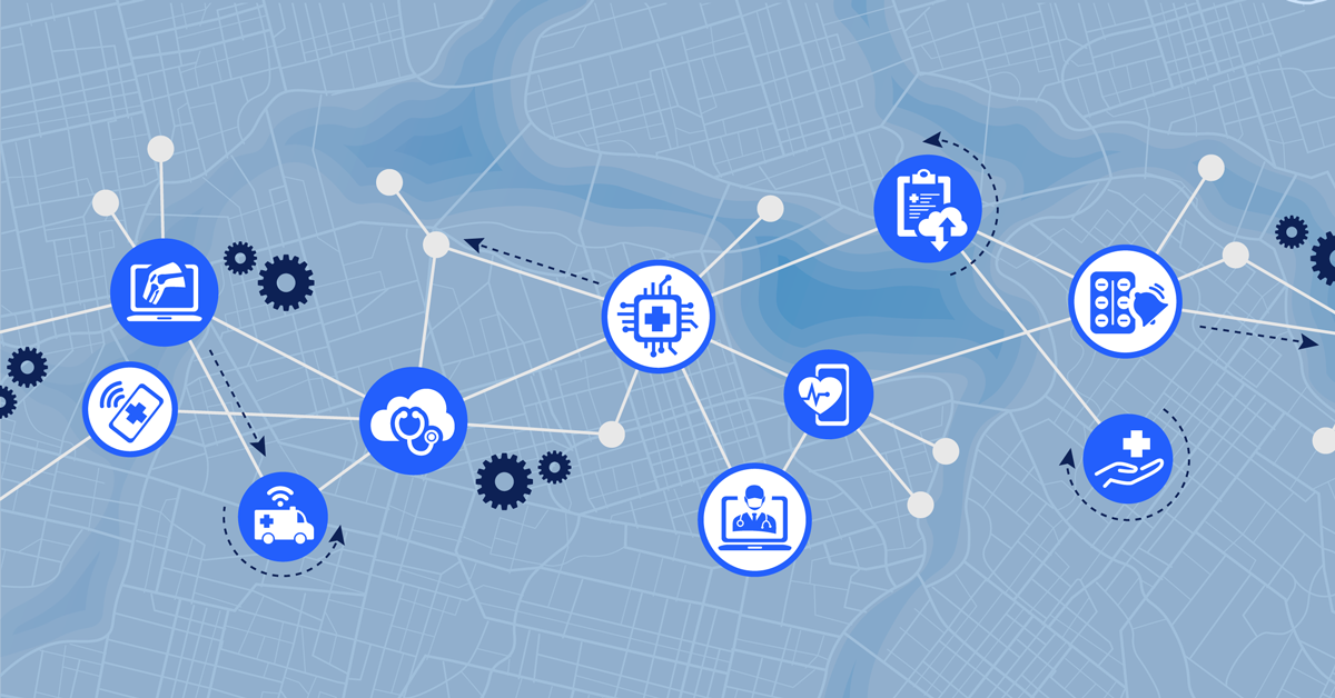 Illustration: A network of medical and data icons, gears, arrows, and connection points are overlain on a city map. The composition is shades of blue and grey.